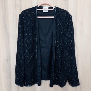 VTG JMC Women Silk Beaded Cardigan Size XL Black Embellished Holiday Formal Chic
